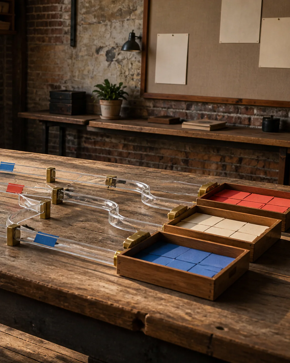 Glass channels on a workshop table carrying colored cards into three sorted wooden trays.