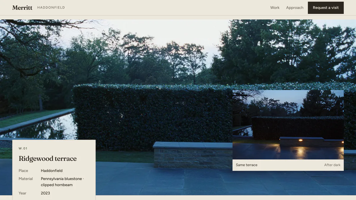 Fictional Merritt landscape website concept. Merritt landscape website: a bluestone terrace and reflecting pool, an inset view with warm lights after dark, and the Ridgewood terrace project card.