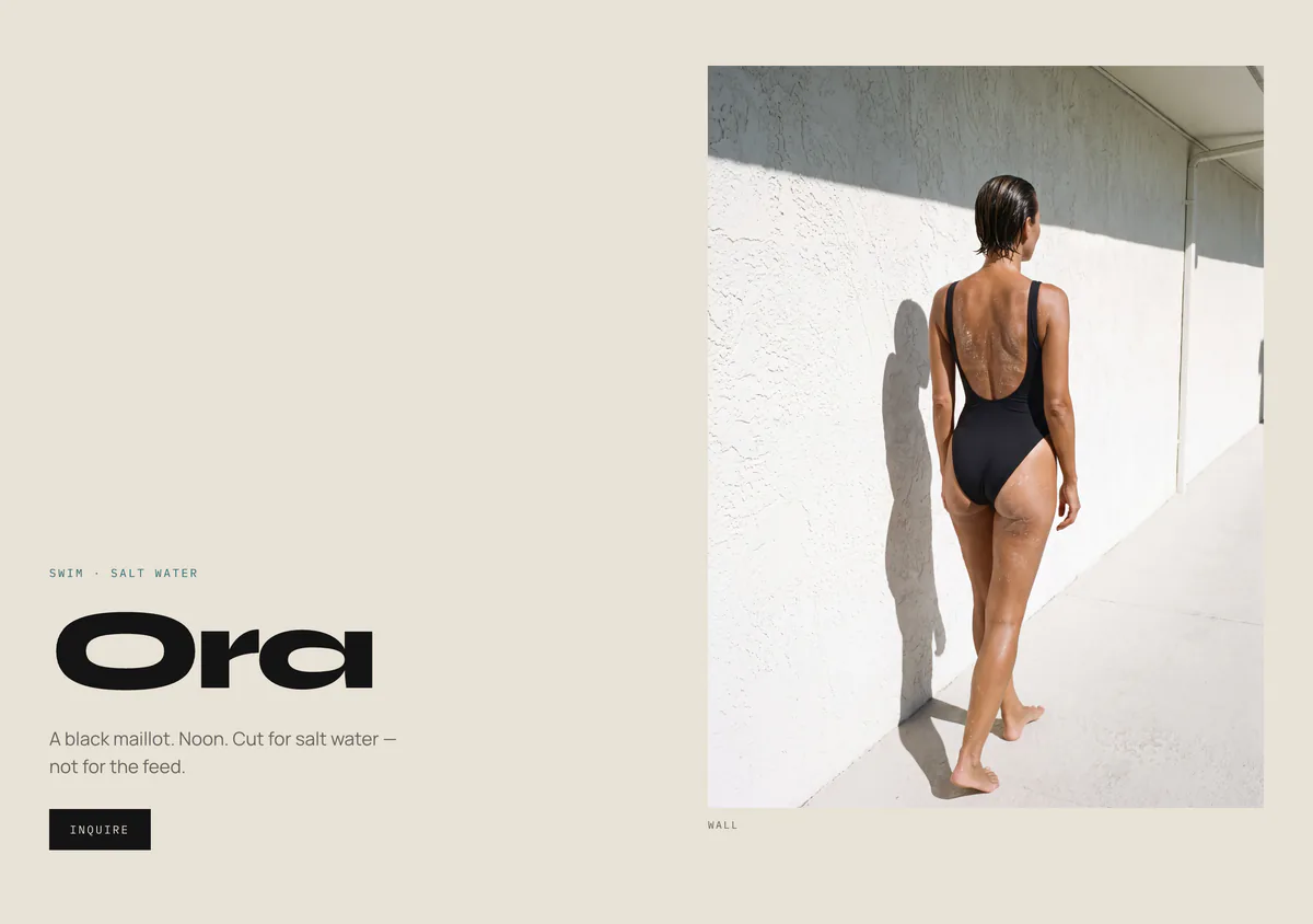 Fictional Ora swimwear website concept. Ora swimwear website: the complete editorial layout with oversized Ora typography, Swim · salt water positioning, product description and Inquire button beside a full-length photograph.